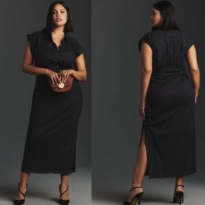 By‎ Anthropologie Cap Sleeve V-Neck Button Front Ruched Slim Midi Dress Black 1X